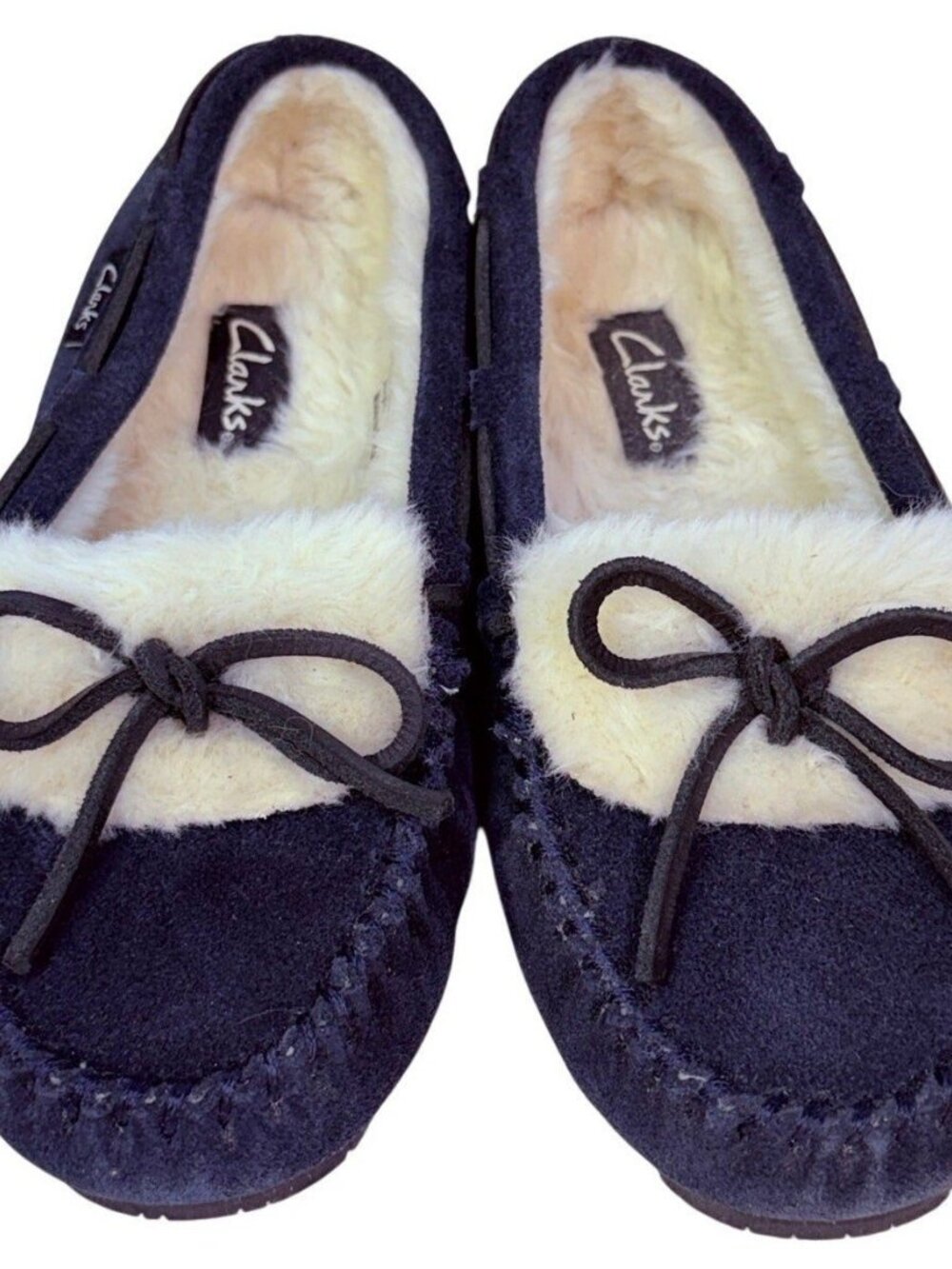 Clarks Holly Folded Tongue Navy Moccasin Slipper Faux Fur Lining Women's 7 M - Picture 2 of 8